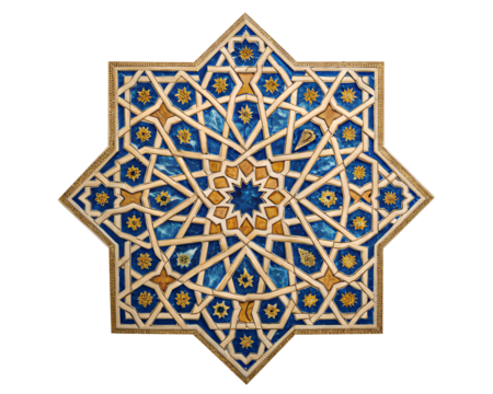 Intricate Islamic star tile pattern with geometric design in blue and gold - Powered by Adobe