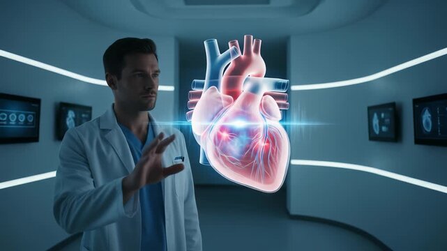 Male doctor interacting with virtual reality human heart model. Medical professional analyzing organ for health diagnosis. Future medicine footage.