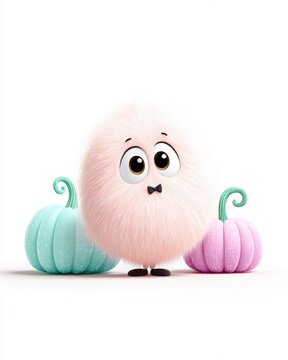 Whimsical Fuzzball Among Colorful Pumpkins