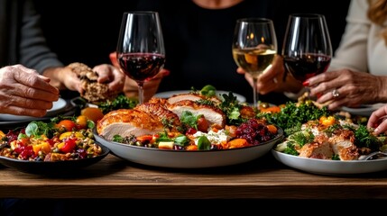 Long wooden table: generations passing dishes (roast turkey, vegan loaf)