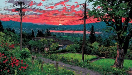 Scenic hillside vista at sunset, with utility poles, houses, and vibrant foliage