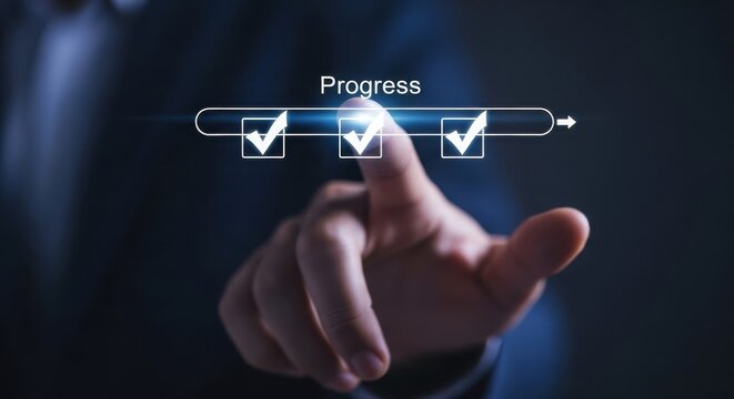Hand points to progress bar with completed tasks and checkmarks - Powered by Adobe