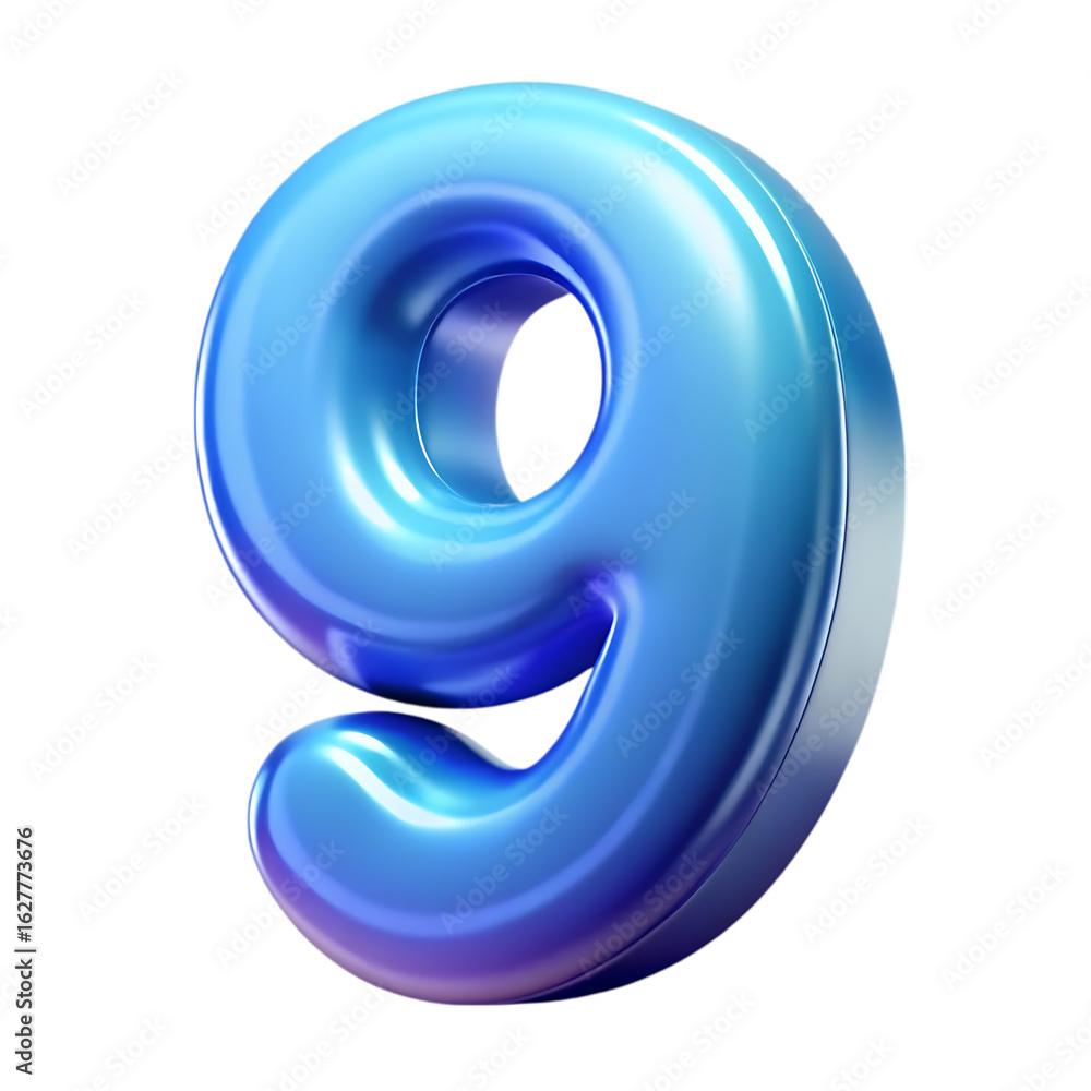 Poster 3d icon of shiny and glossy threedimensional number nine with a blue and purple gradient isolated on