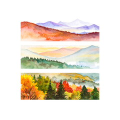 Colorful Watercolor Mountain Landscapes, Fall Foliage Nature Scenes on transparent background