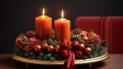 candles with Christmas wreath and red ribbon on table