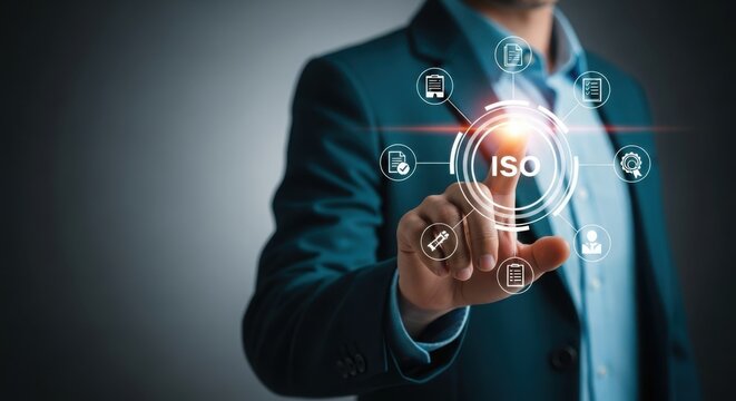 Businessman interacting with iso certification digital interface