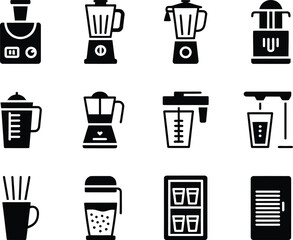 Collection of kitchen appliance icons including blenders juicers and coffee makers