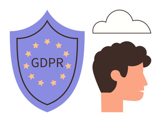 Shield labeled GDPR with stars, user profile, and a cloud emphasize data protection, user rights, and secure storage. Ideal for data privacy, compliance, cloud computing, security regulation