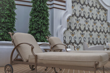 Outdoor private sun deck onboard modern luxury cruiseship cruise ship liner with elegant sun...
