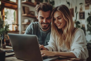 Young couple working in a carpenter's workshop with a laptop, combining traditional craftsmanship with modern technology for their projects, Generative AI