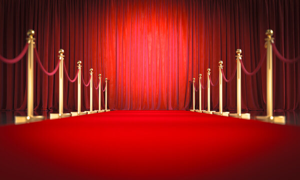 Red carpet 3d  with velvet curtains and golden stanchions