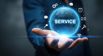 Hand presenting futuristic service technology with icons