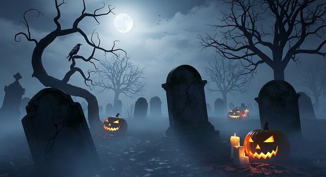 Eerie Halloween graveyard scene with glowing jack-o'-lanterns, silhouetted bare trees, a crow on a branch, and a full moon shrouded in mist.