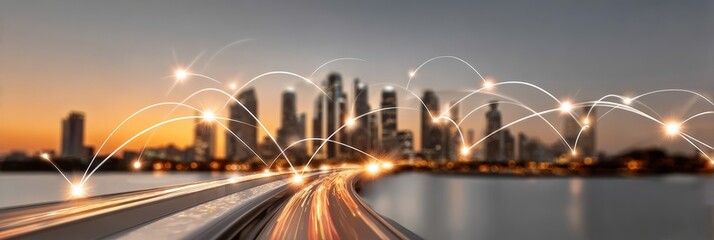Sunset urban landscape with vibrant connectivity lines, symbolizing advanced communication networks.