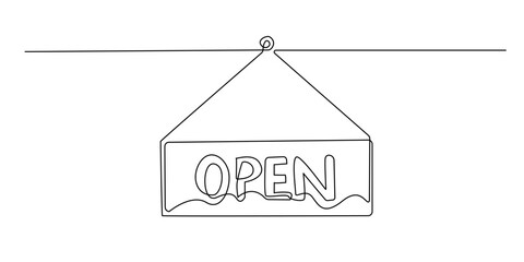 continuous line open sign. single line hanging information sign, open sign. for business, retailer, cafe shop and others