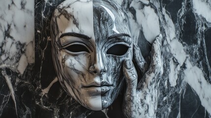 Marble mask, two-toned, held by hand