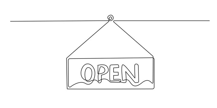 continuous line open sign. single line hanging information sign, open sign. for business, retailer, cafe shop and others