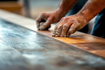 Handyman installing wooden flooring, focusing on the skill and care required for home renovation projects and creating a warm, functional living space, Generative AI