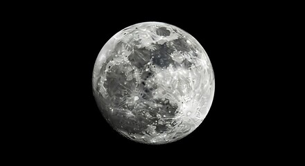 A detailed close-up view of the full moon against a stark black background, showcasing its cratered surface and lunar features.
