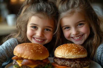Portrait of young sisters indoors at home, sharing a meal and enjoying burgers together, capturing the warmth and connection in sibling relationships during casual family moments, Generative AI