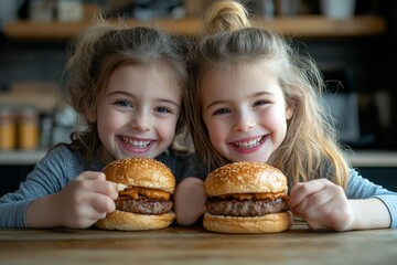 Portrait of young sisters indoors at home, sharing a meal and enjoying burgers together, capturing the warmth and connection in sibling relationships during casual family moments, Generative AI