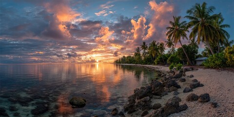 Tropical sunset over calm ocean, palm trees line a tranquil beach