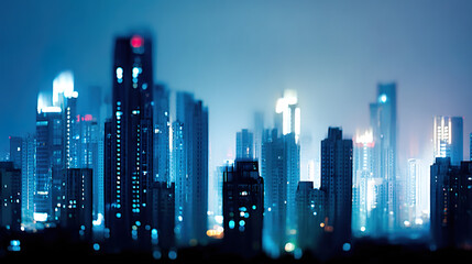 Fototapeta premium Abstract city light bokeh in deep blue tones, evoking the atmospheric glow of an urban nightscape.