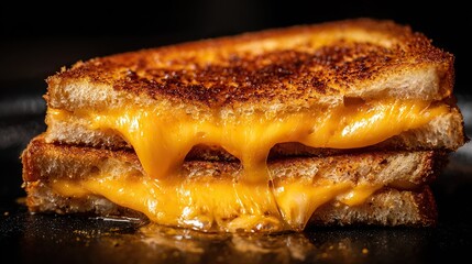A mouthwatering grilled cheese sandwich with melted cheddar oozing from the inside, boasting a golden-brown, delicious-looking exterior that highlights its crispy texture and cheesy goodness.
