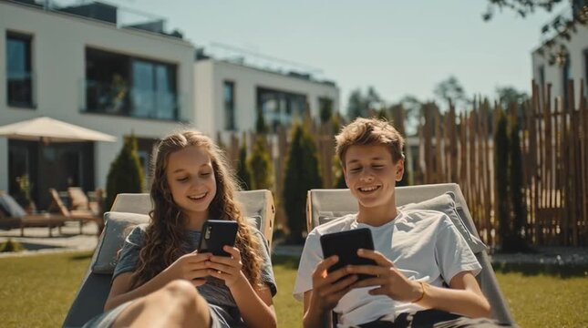 Teenagers Relaxing with Devices: Capturing the contemporary scene of two teenagers lounging on outdoor furniture, absorbed in their respective devices.