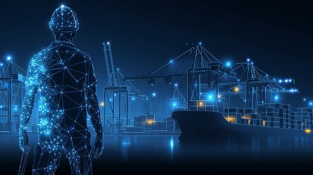 Futuristic Logistics: A worker, rendered in a high-tech digital design, oversees a sprawling shipping port at night, where the container ship is filled with vibrant glowing lights. - Powered by Adobe