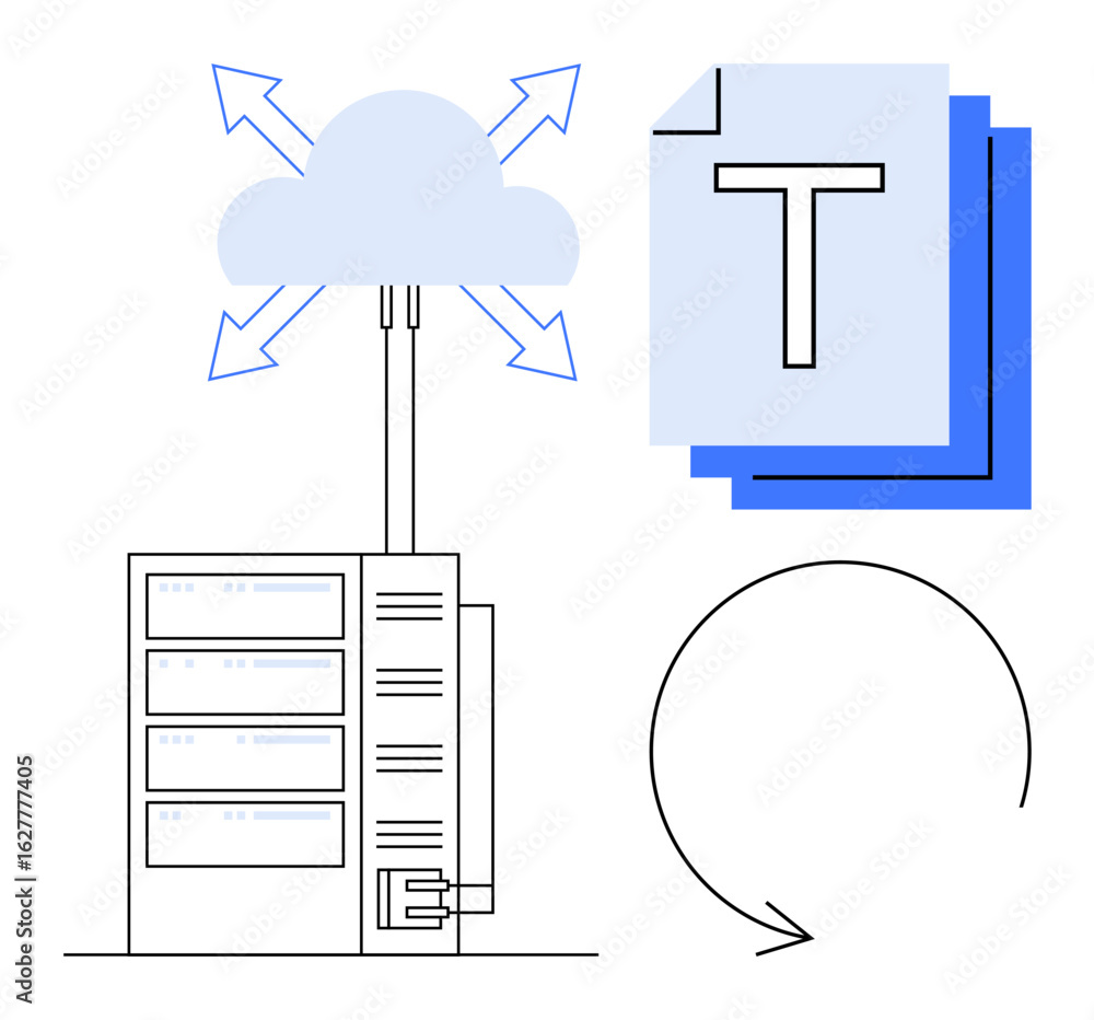 Aufkleber server connecting to cloud with outbound arrows, files with text, circular arrow. ideal for cloud st