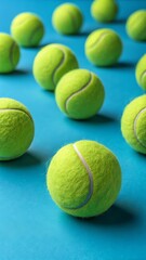 Bright yellow tennis balls arranged on a vibrant blue surface