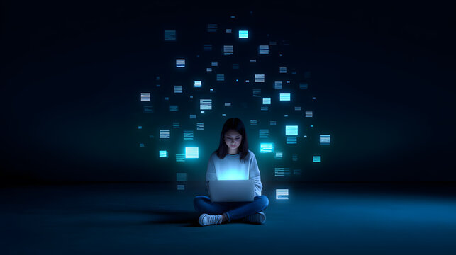 Teenage boy using futuristic digital interface in dark setting. Concept of technology, innovation, and online interaction for Gen Z themes.