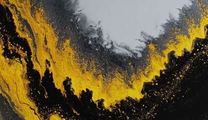 Abstract painting, dark grey/black with vibrant yellow, flowing textures
