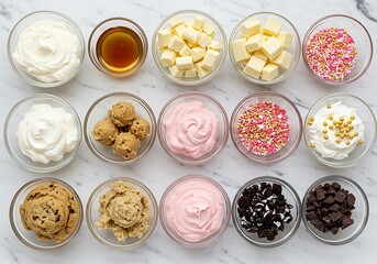 Variety of ice cream toppings and mix ins in glass bowls