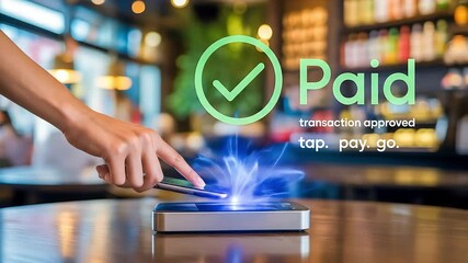 A seamless mobile payment on a cafe table is completed by tapping a phone, showing a transaction approved message with a blue glow - Powered by Adobe