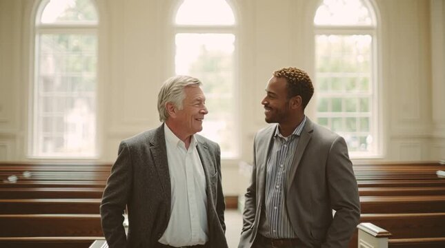 Men's Dialogue in Church: Two men, a study in contrasts of age and ethnicity, find common ground in a church setting, sharing a moment of conversation and camaraderie amidst the serene architecture.