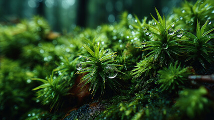 Serene macro close up of vibrant green moss covered in dewy water drop. beautiful fresh nature background with lush texture detail from peaceful forest floor