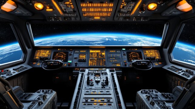 Spaceship interior. View on open space or planet. Futuristic sci-fi laboratory or corridor with neon light.