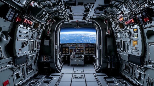 Spaceship interior. View on open space or planet. Futuristic sci-fi laboratory or corridor with neon light. - Powered by Adobe