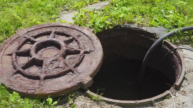 open septic tank manhole and pumping out sewage house, pumping out sewage in the backyard, rusty old manhole open