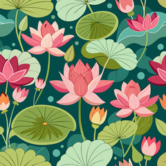 Vibrant pink and red lotus flowers bloom amidst lush green lily pads