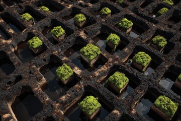 Moss in square planters, dark background