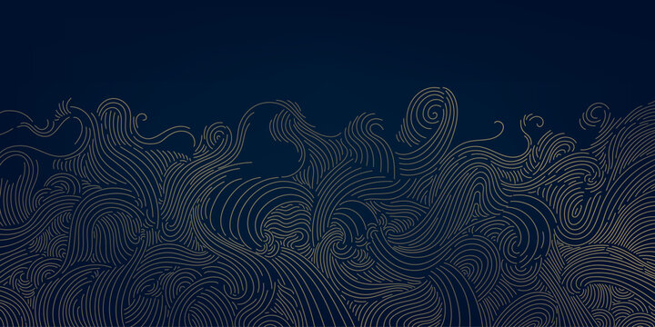 Vector line wave gold japanese sea pattern, oriental graphic waves, vintage nature art. Curve elegant ocean chinese background, flow template.
