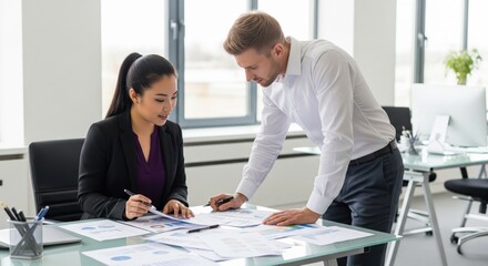 Brainstorming Session: Two Colleagues Reviewing Plans. This image features two professionals, a woman and a man, intently reviewing documents or plans together.