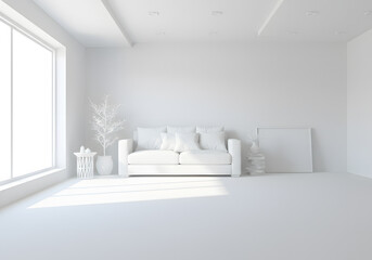 Minimalist White Living Room Interior Design Sofa, Window, Decor, Bright, Empty Space.