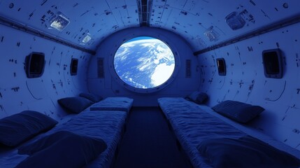 Spaceship interior. View on open space or planet. Futuristic sci-fi laboratory or corridor with neon light.