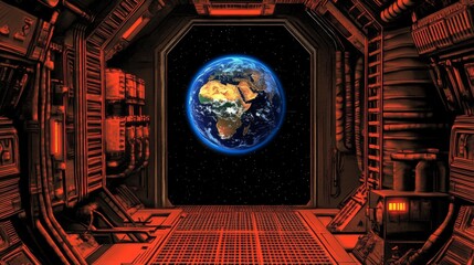 Spaceship interior. View on open space or planet. Futuristic sci-fi laboratory or corridor with neon light.