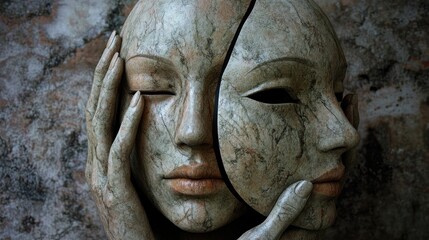 Two halves of a face, sculpted stone, held by hands, against a textured wall