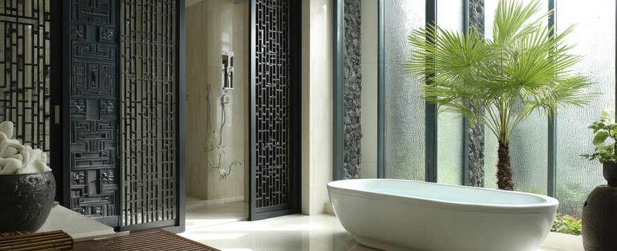 Luxurious bathroom with ornate black dividers, a modern tub, and tropical plant